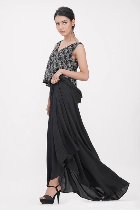 Shop_Shruti S_Black Modal Embroidery V-neck Panelled Dress _Online_at_Aza_Fashions