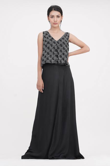 Shruti S_Black Modal Embroidery V-neck Panelled Dress _at_Aza_Fashions