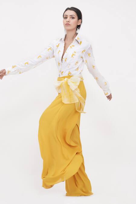 Shop_Shruti S_Yellow Modal, Organza Gota Patti, Sequins Collared Falling Man Print Jumpsuit_Online_at_Aza_Fashions