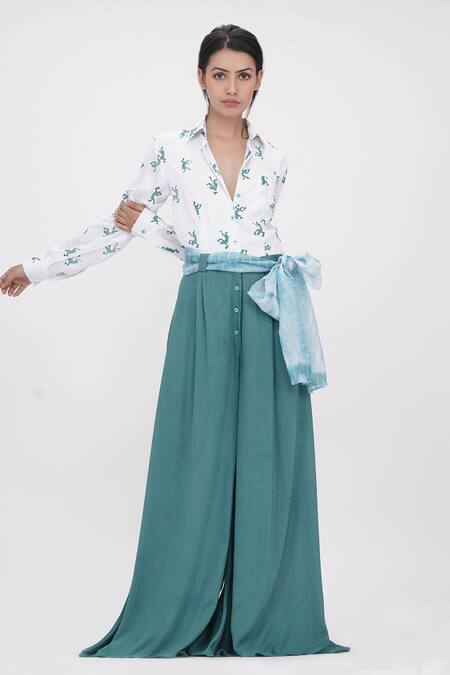Buy_Shruti S_Blue Modal, Organza Sequins, Gota Patti Collared Bottom Jumpsuit_Online_at_Aza_Fashions