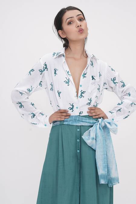 Shop_Shruti S_Blue Modal, Organza Sequins, Gota Patti Collared Bottom Jumpsuit_Online_at_Aza_Fashions