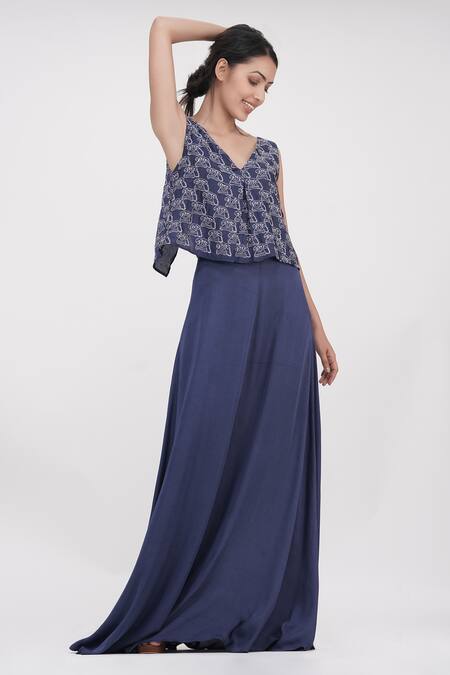 Shop_Shruti S_Blue Modal Embroidery V-neck Thread Panelled Dress _Online_at_Aza_Fashions