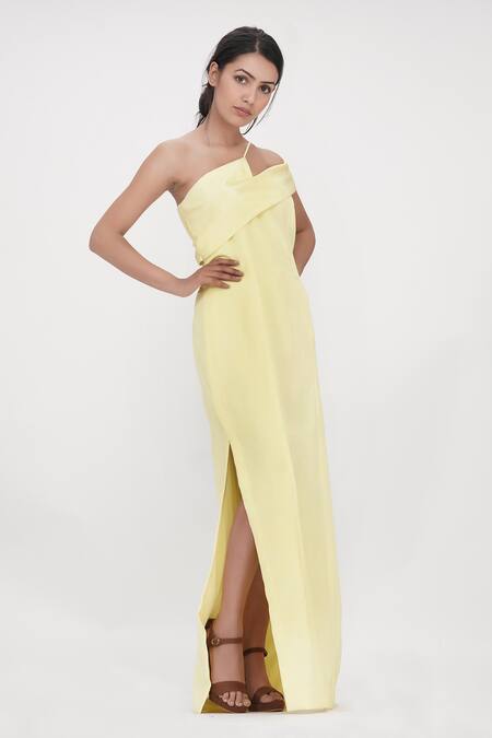 Shruti S_Yellow Crepe Embroidery One Shoulder Solid High Slit Gown_Online_at_Aza_Fashions