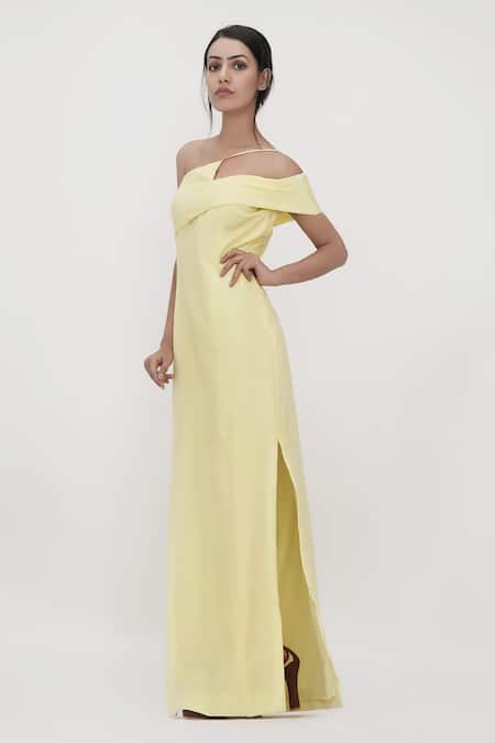 Shruti S_Yellow Crepe Embroidery One Shoulder Solid High Slit Gown_at_Aza_Fashions