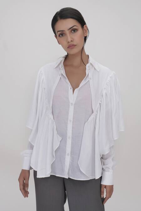 Shruti S_White Cotton Collared Ruffle Trim Shirt _Online_at_Aza_Fashions