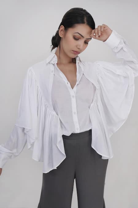 Buy_Shruti S_White Cotton Collared Ruffle Trim Shirt _Online_at_Aza_Fashions