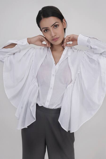 Shop_Shruti S_White Cotton Collared Ruffle Trim Shirt _Online_at_Aza_Fashions
