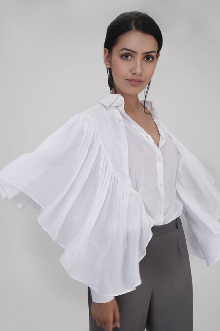 Shruti S_White Cotton Collared Ruffle Trim Shirt _at_Aza_Fashions