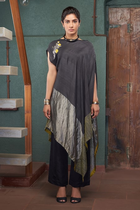 Bodhi Tree_Black Silk, Tussar, Tissue, Viscose, Linen Asymmetric Poncho Tunic And Pant Set _Online_at_Aza_Fashions