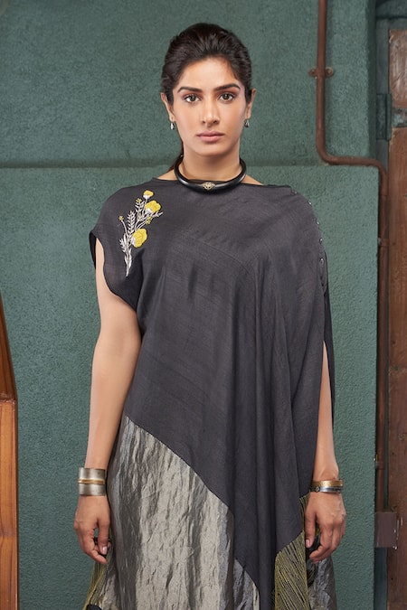 Buy_Bodhi Tree_Black Silk, Tussar, Tissue, Viscose, Linen Asymmetric Poncho Tunic And Pant Set _Online_at_Aza_Fashions