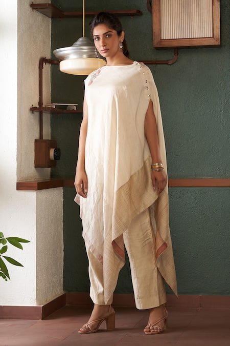Buy_Bodhi Tree_Off White Silk, Tussar, Tissue, Viscose, Linen Oblique Poncho Tunic And Pant Set _Online_at_Aza_Fashions