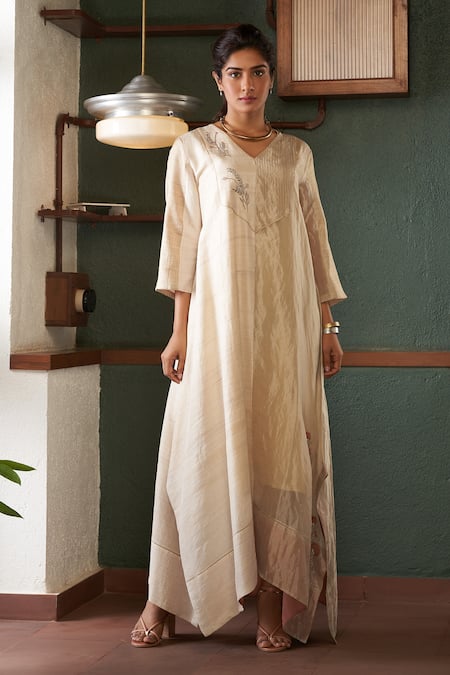 Shop_Bodhi Tree_Off White Tissue Zari Embroidery Floral V Neck Kaftan _Online_at_Aza_Fashions
