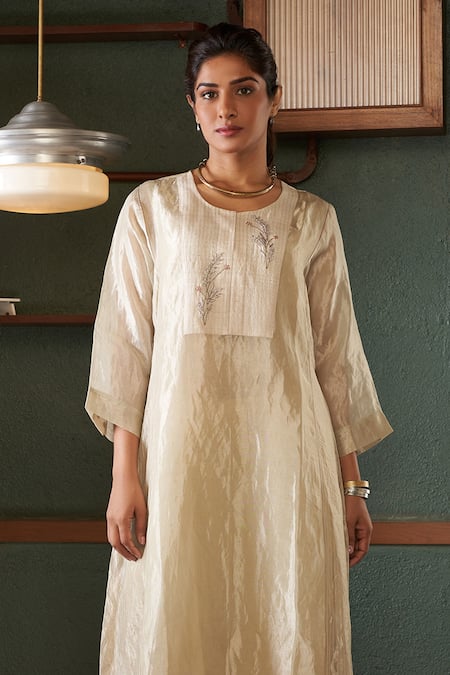 Buy_Bodhi Tree_Off White Silk, Tussar, Tissue, Viscose, Linen Zardozi Yoke Kurta And Pant Set _Online_at_Aza_Fashions