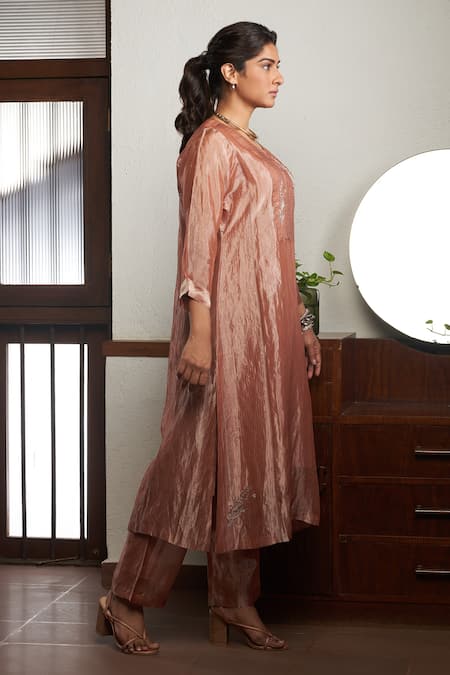 Shop_Bodhi Tree_Peach Silk, Viscose, Linen Embroidery Feather Zardozi Yoke Kurta And Pant Set _Online_at_Aza_Fashions