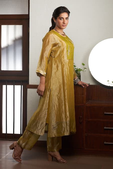 Shop_Bodhi Tree_Yellow Silk, Tussar, Tissue, Viscose, Lavender Flower Yoke Kurta And Pant Set _Online_at_Aza_Fashions