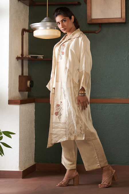 Shop_Bodhi Tree_Off White Silk, Tussar, Tissue, Viscose, Linen Floral Jacket Pant Set _Online_at_Aza_Fashions