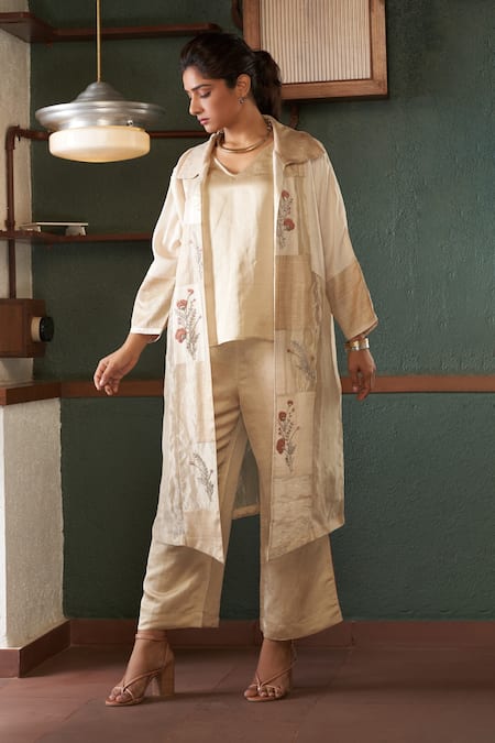 Bodhi Tree_Off White Silk, Tussar, Tissue, Viscose, Linen Floral Jacket Pant Set _Online_at_Aza_Fashions