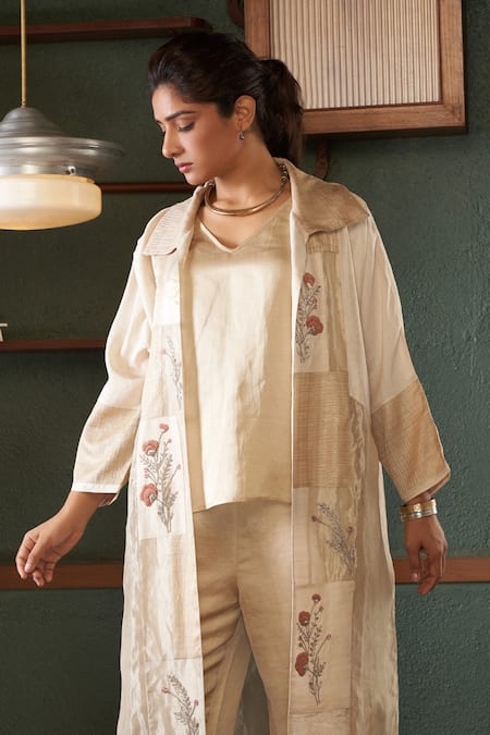 Buy_Bodhi Tree_Off White Silk, Tussar, Tissue, Viscose, Linen Floral Jacket Pant Set _Online_at_Aza_Fashions