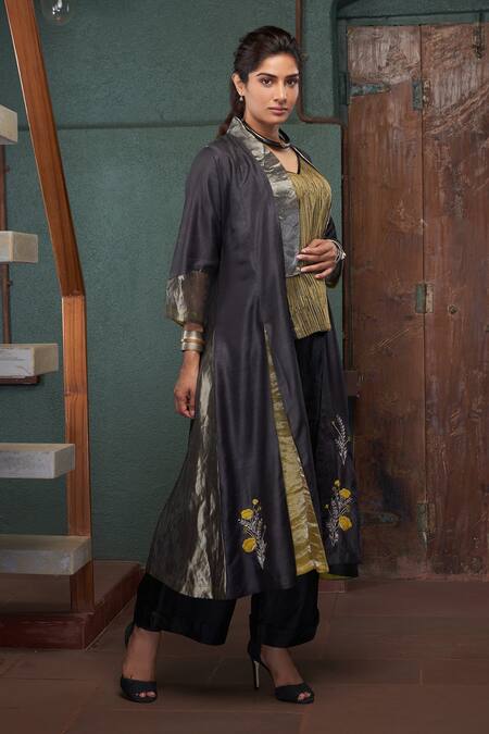 Bodhi Tree_Black Silk, Tussar, Tissue, Viscose, Linen Embroidery Two Tone Jacket Pant Set _at_Aza_Fashions