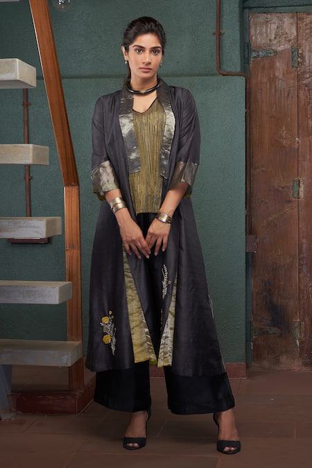 Bodhi Tree_Black Silk, Tussar, Tissue, Viscose, Linen Embroidery Two Tone Jacket Pant Set _Online_at_Aza_Fashions
