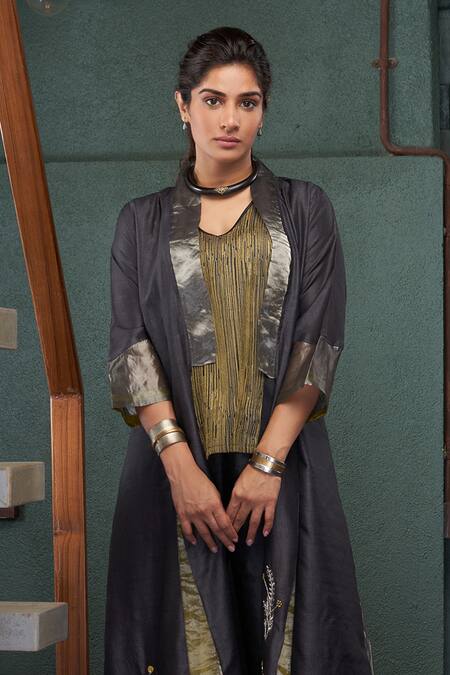 Shop_Bodhi Tree_Black Silk, Tussar, Tissue, Viscose, Linen Embroidery Two Tone Jacket Pant Set _Online_at_Aza_Fashions