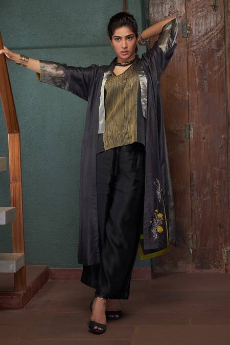 Buy_Bodhi Tree_Black Silk, Tussar, Tissue, Viscose, Linen Embroidery Two Tone Jacket Pant Set _Online_at_Aza_Fashions