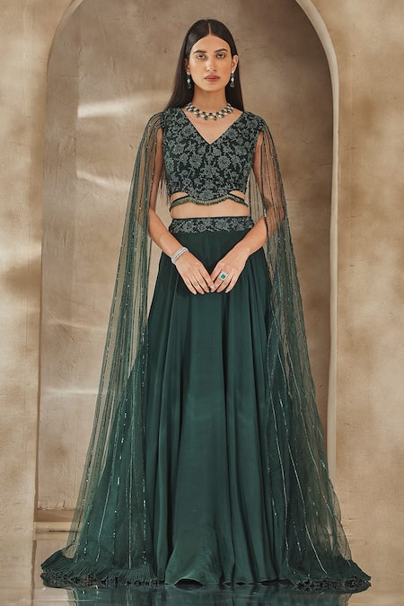 Seema Thukral_Emerald Green Georgette, Net, Organza, Crepe Floral Blouse And Lehenga Set _Online_at_Aza_Fashions