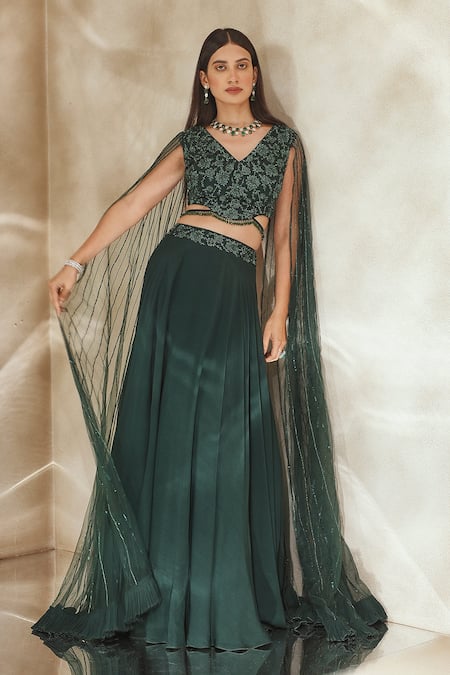 Seema Thukral_Emerald Green Georgette, Net, Organza, Crepe Floral Blouse And Lehenga Set _at_Aza_Fashions