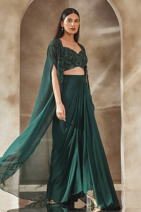 Buy_Seema Thukral_Emerald Green Georgette Pearls, Zari Embroidered Cape Skirt Set For Kids_Online_at_Aza_Fashions