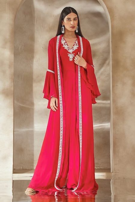 Seema Thukral_Pink Georgette, Satin Embroidery, Pearls, Sequins Neckline Jumpsuit And Jacket Set _Online_at_Aza_Fashions