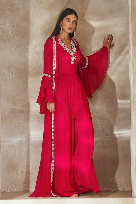 Buy_Seema Thukral_Pink Georgette, Satin Embroidery, Pearls, Sequins Neckline Jumpsuit And Jacket Set _Online_at_Aza_Fashions