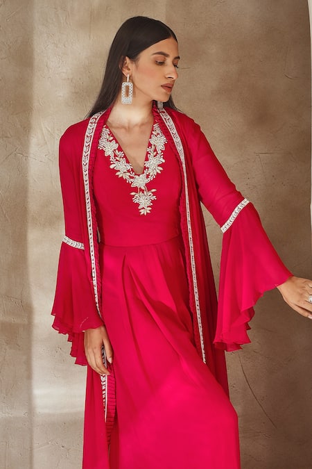 Shop_Seema Thukral_Pink Georgette, Satin Embroidery, Pearls, Sequins Neckline Jumpsuit And Jacket Set _Online_at_Aza_Fashions