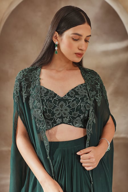 Shop_Seema Thukral_Emerald Green Georgette Pearls, Zari Embroidered Cape Skirt Set For Kids_Online_at_Aza_Fashions
