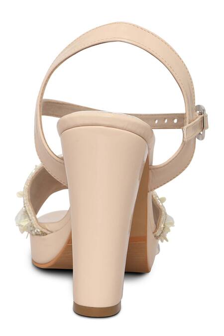 Fuchsia by aashaka mehta_Beige Stones, Beads, Cut Work, Sequins Mirror Embellished Block Heels _Online_at_Aza_Fashions