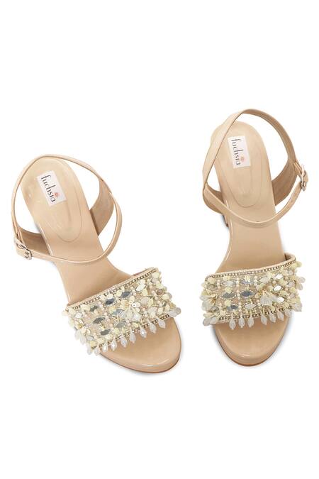 Shop_Fuchsia by aashaka mehta_Beige Stones, Beads, Cut Work, Sequins Mirror Embellished Block Heels _Online_at_Aza_Fashions