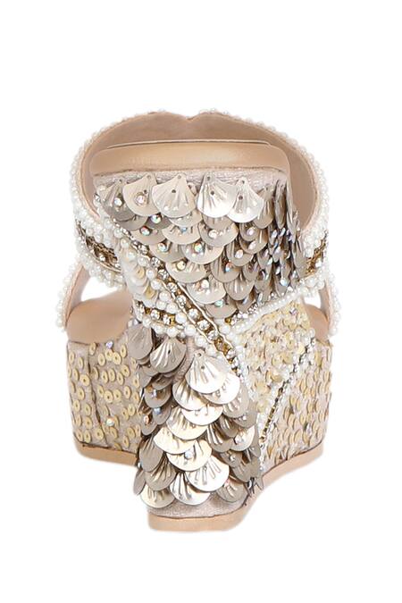 Fuchsia by aashaka mehta_White Sequins, Pearls Twilight Embroidered Platform Wedges _Online_at_Aza_Fashions