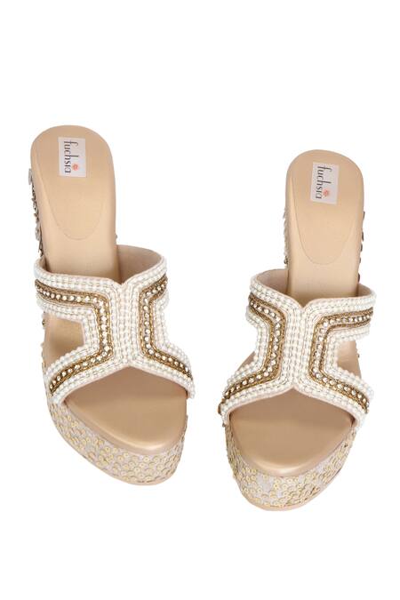 Buy_Fuchsia by aashaka mehta_White Sequins, Pearls Twilight Embroidered Platform Wedges _Online_at_Aza_Fashions