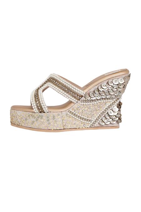 Shop_Fuchsia by aashaka mehta_White Sequins, Pearls Twilight Embroidered Platform Wedges _Online_at_Aza_Fashions