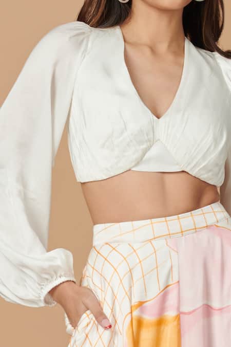 Vedika M_Pink Satin Abstract Pattern V Neck Print Skirt And Top Set _Online_at_Aza_Fashions