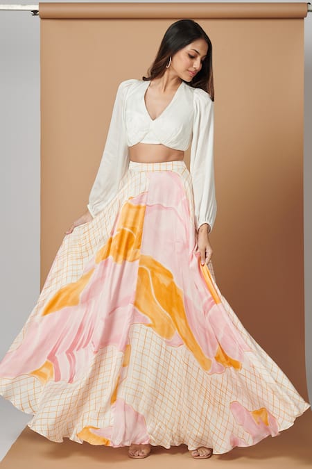 Buy_Vedika M_Pink Satin Abstract Pattern V Neck Print Skirt And Top Set _Online_at_Aza_Fashions