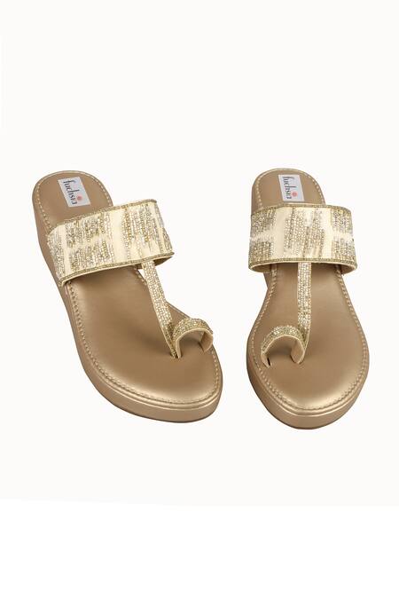 Shop_Fuchsia by aashaka mehta_Gold Cut Work Dana Kolhapuri Wedges _Online_at_Aza_Fashions