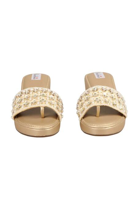 Buy_Fuchsia by aashaka mehta_Gold Beads Velvet Embellished Slider _Online_at_Aza_Fashions