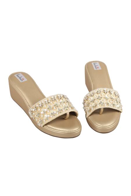 Shop_Fuchsia by aashaka mehta_Gold Beads Velvet Embellished Slider _Online_at_Aza_Fashions