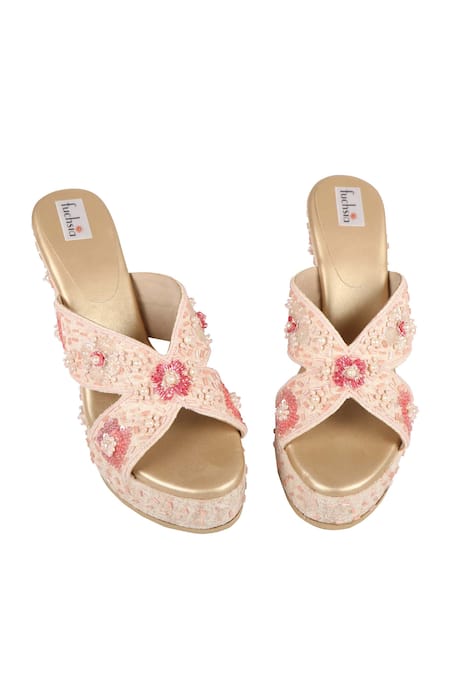 Shop_Fuchsia by aashaka mehta_Pink Sequins, Pearls, Embroidery Silk Embellished Wedges _Online_at_Aza_Fashions