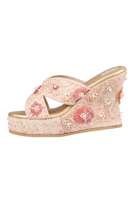 Fuchsia by aashaka mehta_Pink Sequins, Pearls, Embroidery Silk Embellished Wedges _at_Aza_Fashions