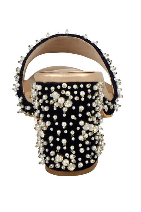 Fuchsia by aashaka mehta_Blue Beads Velvet Embellished Block Heels _Online_at_Aza_Fashions