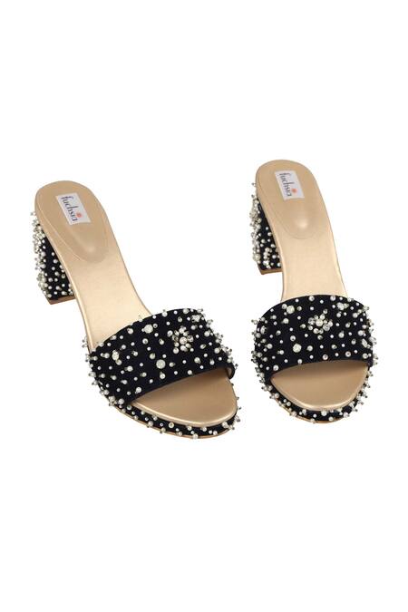 Shop_Fuchsia by aashaka mehta_Blue Beads Velvet Embellished Block Heels _Online_at_Aza_Fashions