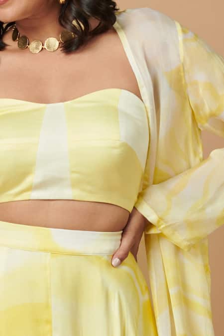 Buy_Vedika M_Yellow Satin And Peppersilk Abstract Bustier Printed Skirt Set With Jacket _Online_at_Aza_Fashions
