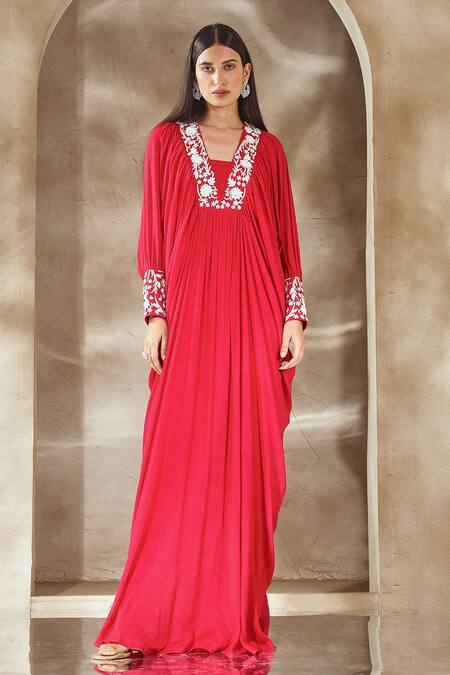 Seema Thukral_Pink Chiffon Embroidery Zari V Neck Cuff Kaftan _Online_at_Aza_Fashions