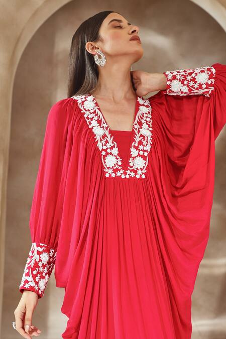 Shop_Seema Thukral_Pink Chiffon Embroidery Zari V Neck Cuff Kaftan _Online_at_Aza_Fashions
